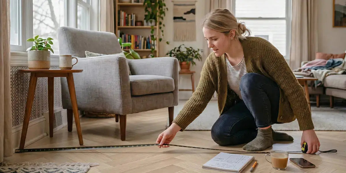Vrouw die haar woonkamer aan het opmeten is om te bepalen welke afmeting vloerkleed zij nodig heeft.