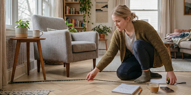 Vrouw die haar woonkamer aan het opmeten is om te bepalen welke afmeting vloerkleed zij nodig heeft.