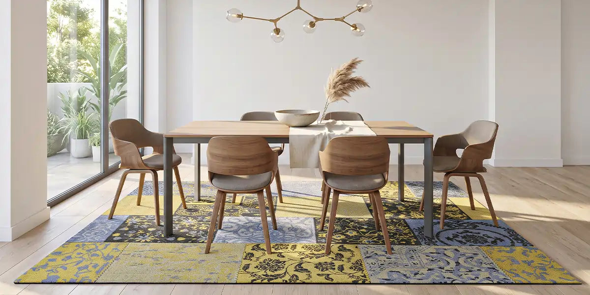 Welk vloerkleed past onder de eettafel? Maat, materiaal en tips.