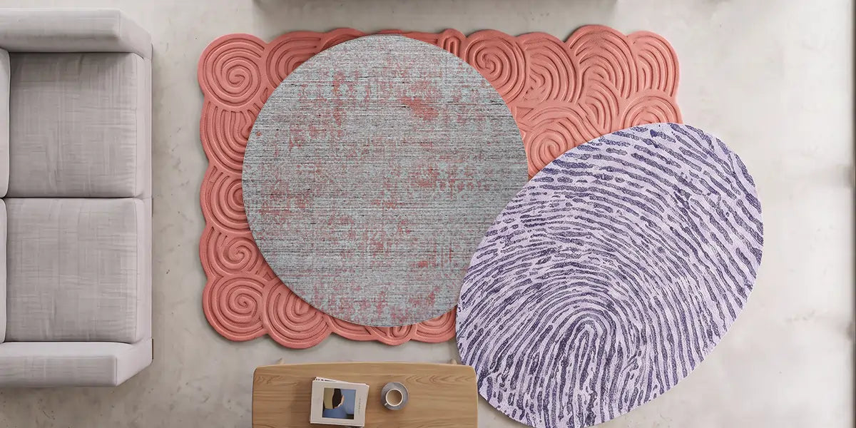 Een rond, organisch en ovaal vloerkleed samen in een interieur.