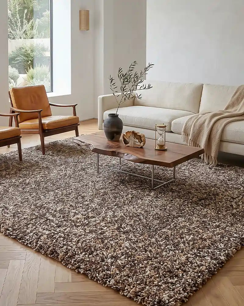 Hoogpolig vloerkleed in een beige / bruine kleur in een moderne woonkamer