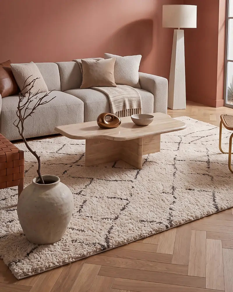 Een warm vloerkleed van een zachte stof geplaatst in een moderne hippe woonkamer met terracotta kleuren. 