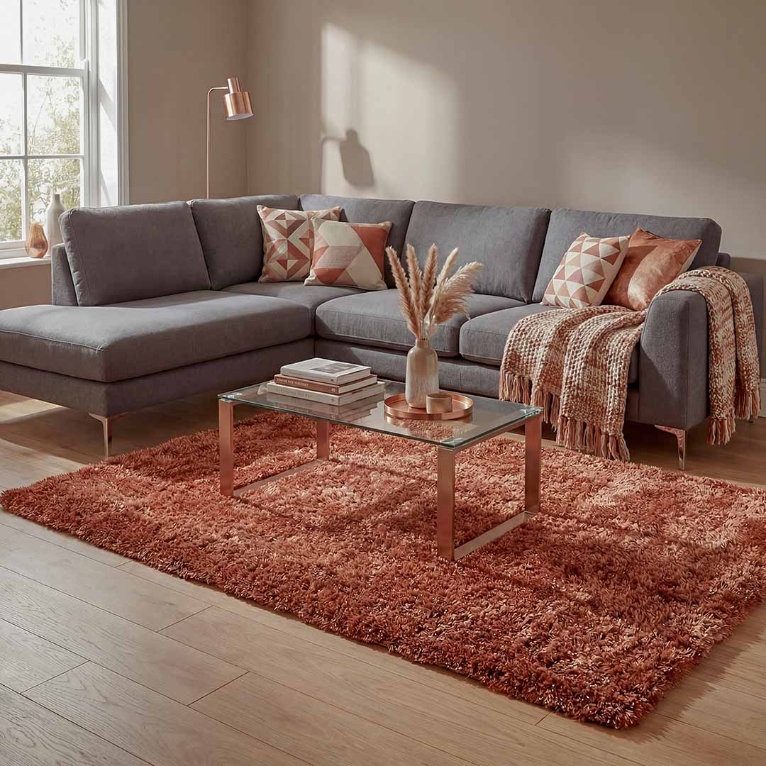 Sfeerbeeld van het vloerkleed BRAVON in de kleur Koper, gemaakt van Polyester.