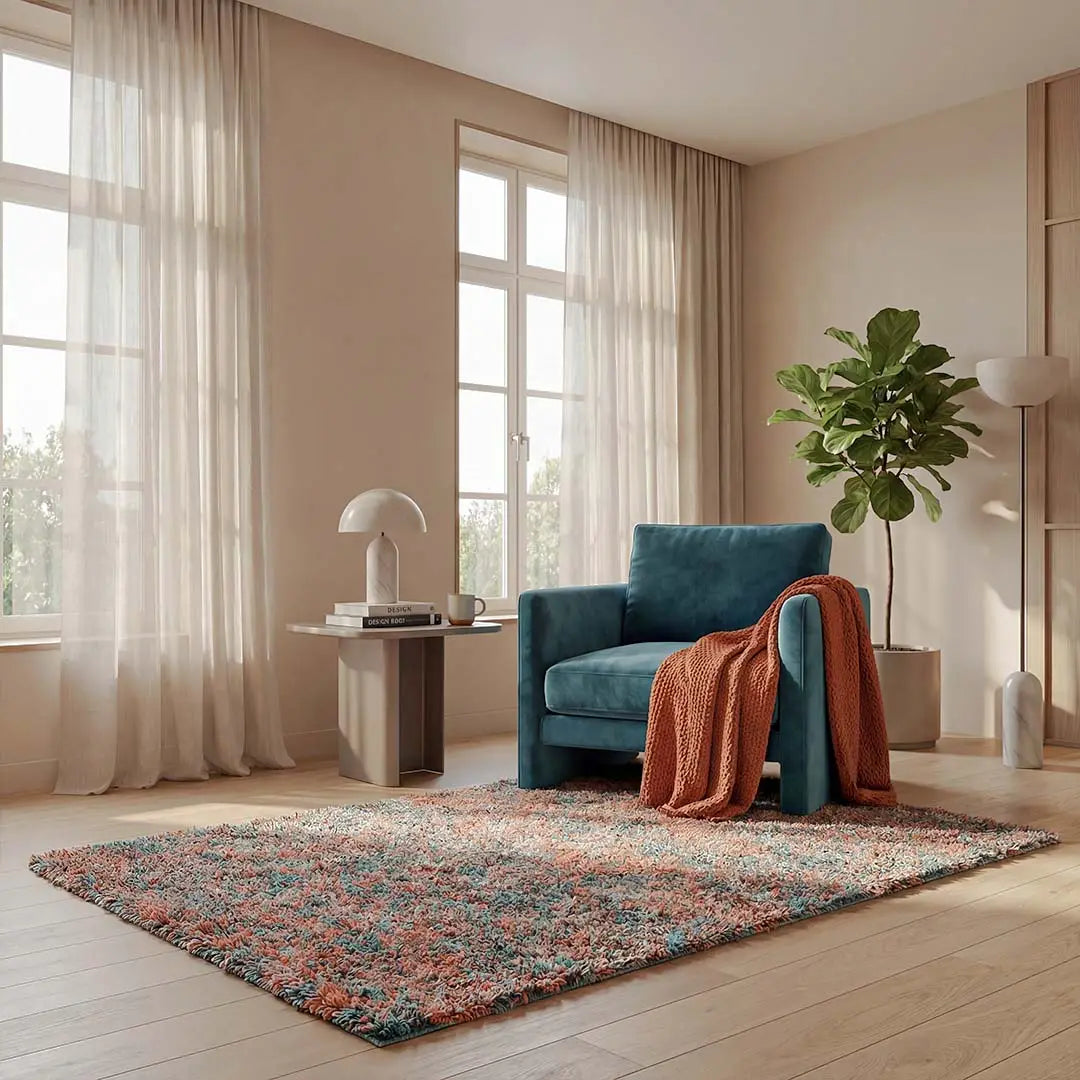 Sfeerbeeld van het vloerkleed HALVOR Klein in de kleuren Terracotta / Rood, gemaakt van Polyester.