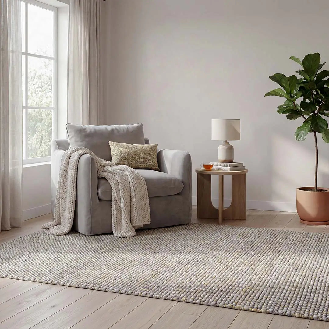 Sfeerbeeld van het vloerkleed MIRANDE in de kleuren Beige / Bruin, gemaakt van 100% wol.