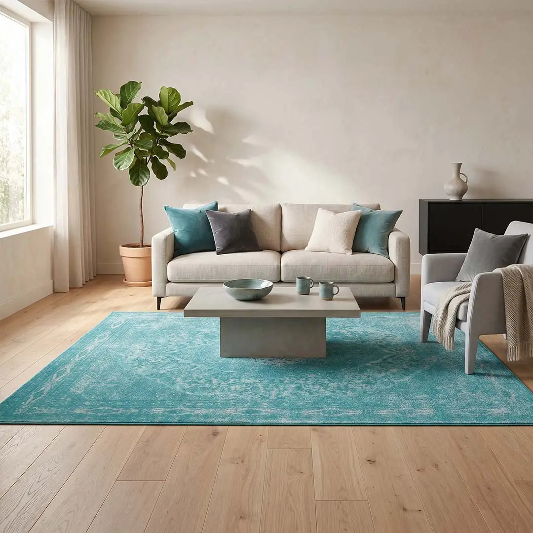 Sfeerbeeld van het vloerkleed TALMAR in de kleuren Aqua / Blauw, gemaakt van Katoen.