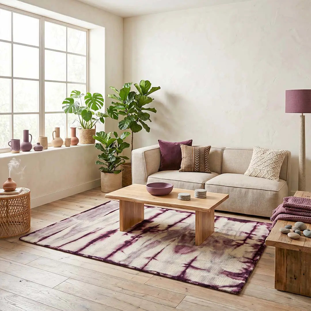 Sfeerbeeld van het vloerkleed TARLEN-DYE in de kleur Bordeaux Rood, gemaakt van 100% Wol.