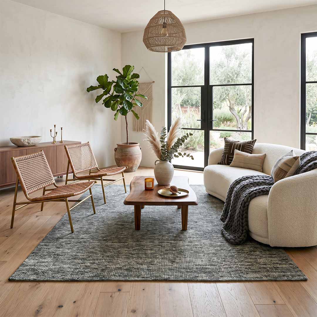 Sfeerbeeld van het vloerkleed TREVON in de kleuren Taupe / Groen, gemaakt van Wol en Viscose mix.
