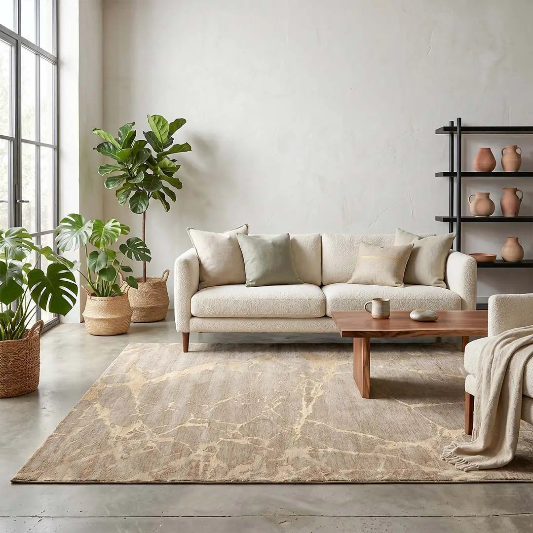 Sfeerbeeld van het vloerkleed VORIEN in de kleur Beige, gemaakt van Polyester.