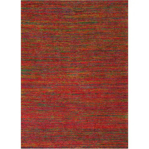 Bovenaanzicht van het vloerkleed MERRIN in de kleuren Rood / Groen, gemaakt van Recycled Sari Zijde.