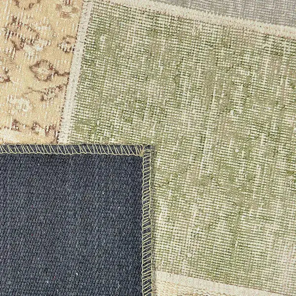 Achterkant hoek aanzicht van het vloerkleed NEXON patch in de kleuren Soft Beige / Beige, gemaakt van Polyester.