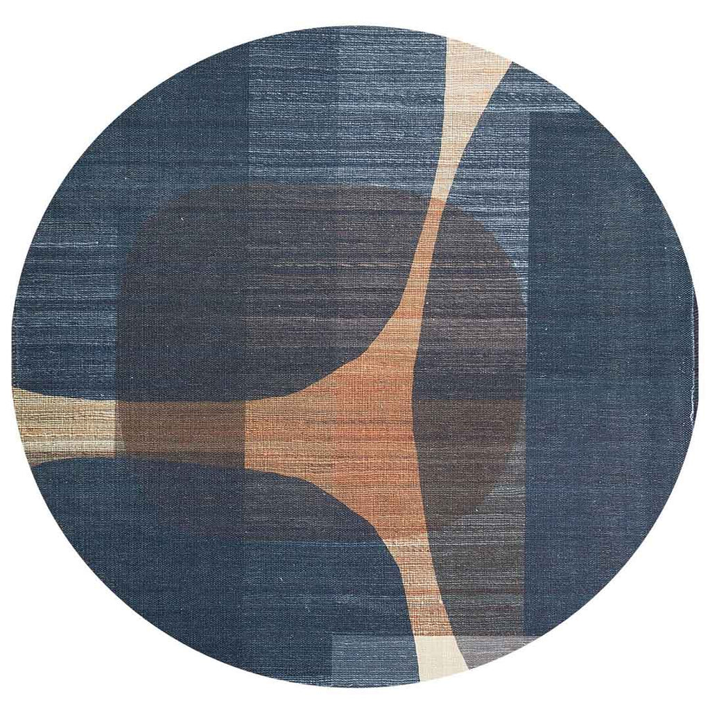 Bovenaanzicht van het vloerkleed RINDELL rond in de kleuren Multikleurig / Blauw, gemaakt van Polyester.